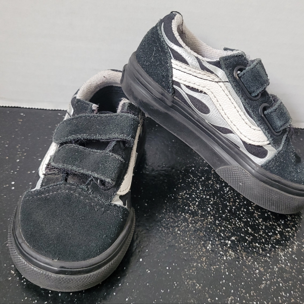 Kids Black Suede Vans With Silver Flames Sneakers